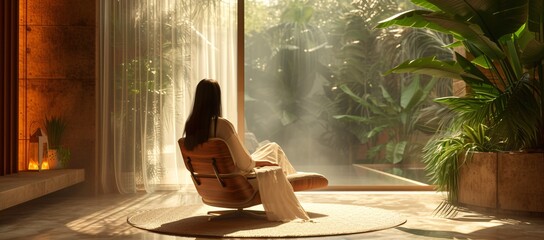 A peaceful scene of a woman relaxing in a chair bathed in sunlight surrounded by lush greenery and serene ambiance