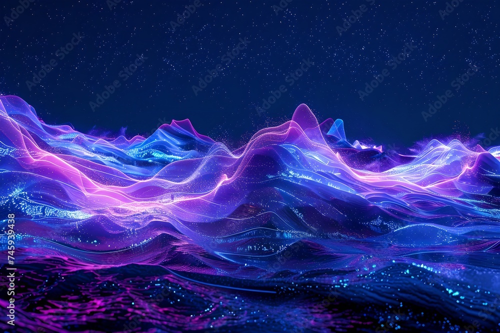 Poster digital neon mountain landscape. abstract wave pattern. global connection concept. big data, network