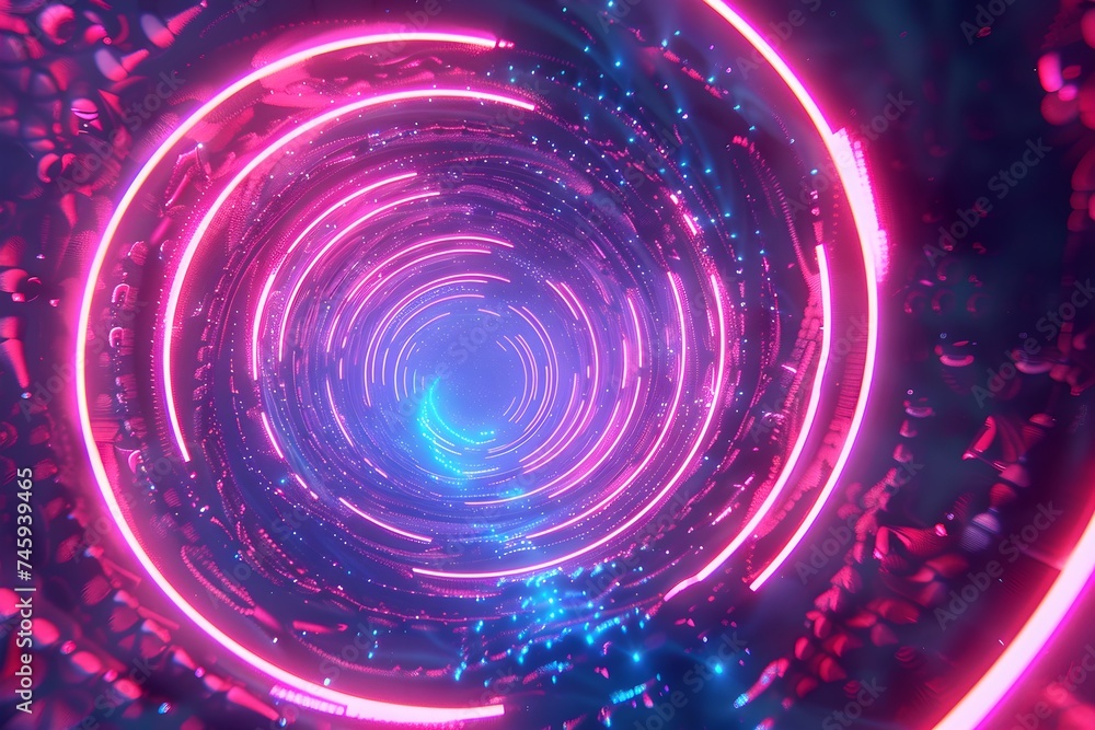 Poster vibrant digital vortex in neon pink and blue. cyber tunnel concept. global connection. big data, net