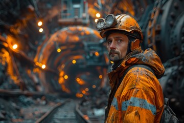 A serious miner with protective gear and headlamp stands alert in the illuminated tunnel of a mine.