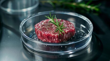 Synthetic meat made in a real laboratory in a container in high resolution and high quality. concept synthetic meat, synthetic, organic, vegetarian, healthy, animals