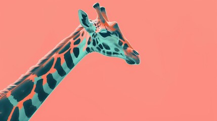 Artistic depiction of a giraffe with a turquoise and orange color scheme against a pink background