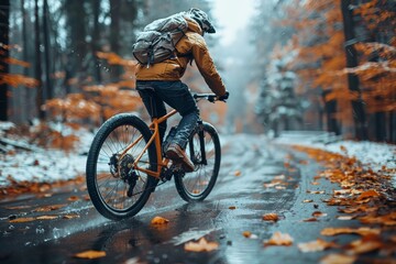 An adventurous mountain biker traverses a wet path lined with vibrant autumn leaves in a serene forest