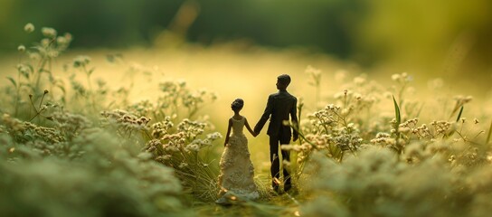 Obraz na płótnie Canvas A whimsical depiction of a miniature bride and groom standing hand in hand amidst a magical meadow during golden hour