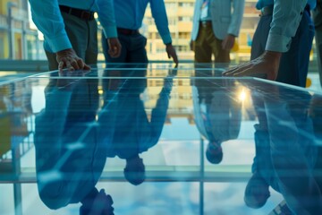 Fototapeta premium Team of engineers discussing over solar panel design plans on a glass table.