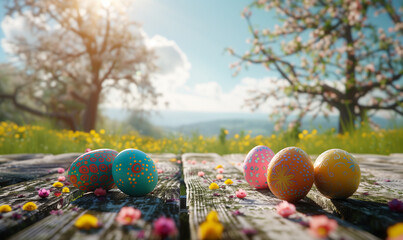 a wooden table with colorful easter eggs in spring - 745939487