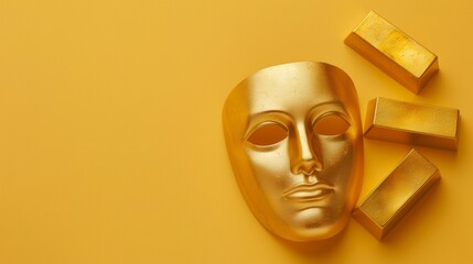 Golden Mask with Gold Bars on Yellow Background, Wealth Concept	
