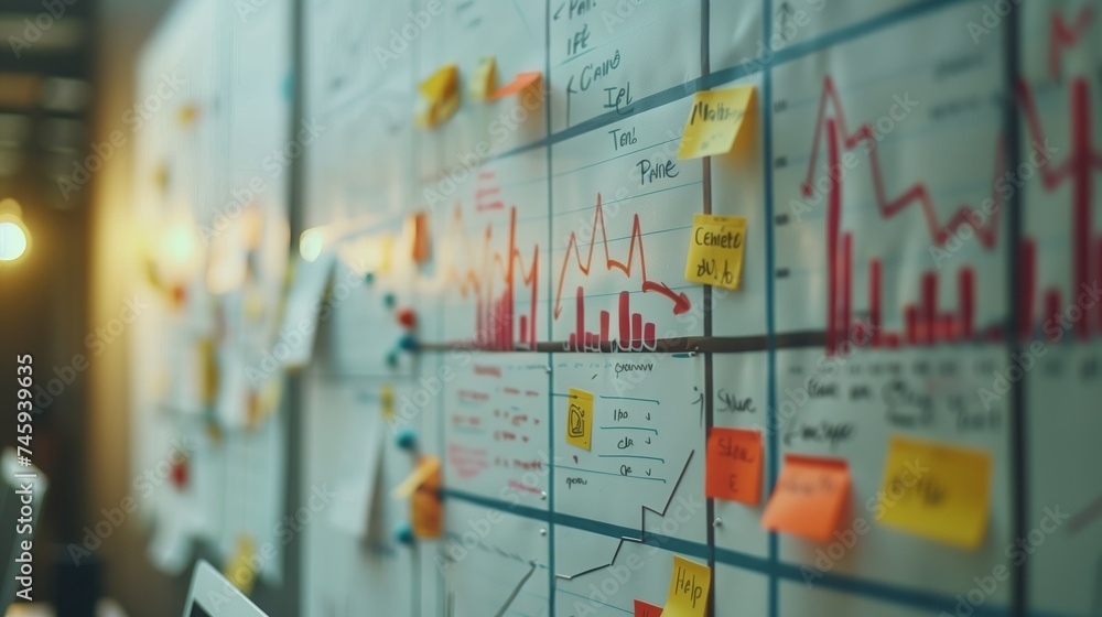 Poster detailed project management workflow visualized with colorful sticky notes and graphs on a glass boa