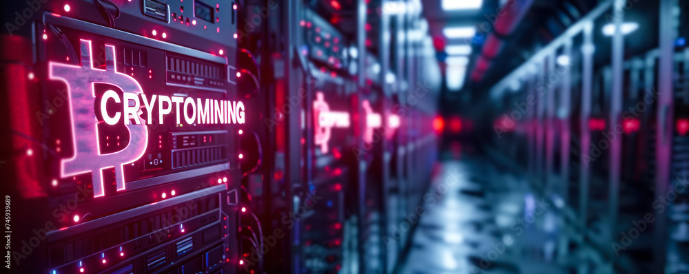 Poster server racks in a data center with a digital overlay of a bitcoin symbol and the word cryptomining, 