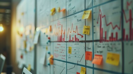 Detailed project management workflow visualized with colorful sticky notes and graphs on a glass board.