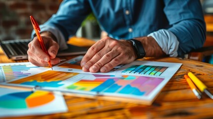 Fototapeta premium A businessman's hands examining colorful data charts and graphs on paper, with a laptop in the background.