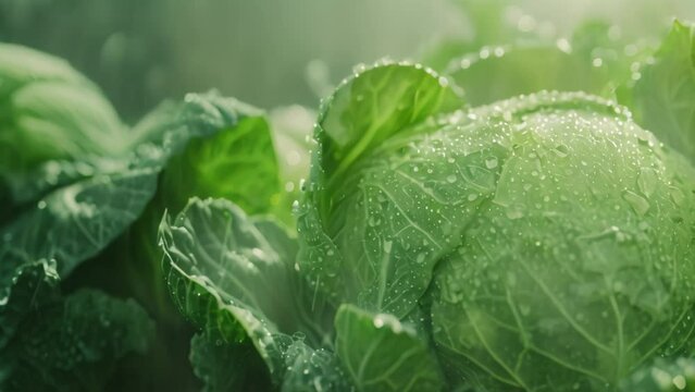 water drops on a cabbage. 4k video animation