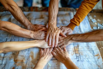 A team of diverse hands coming together in unity over architectural blueprints on a table.