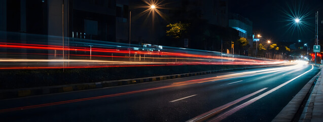 City road at night, blurred vehicle lights creating a sense of motion and speed. 