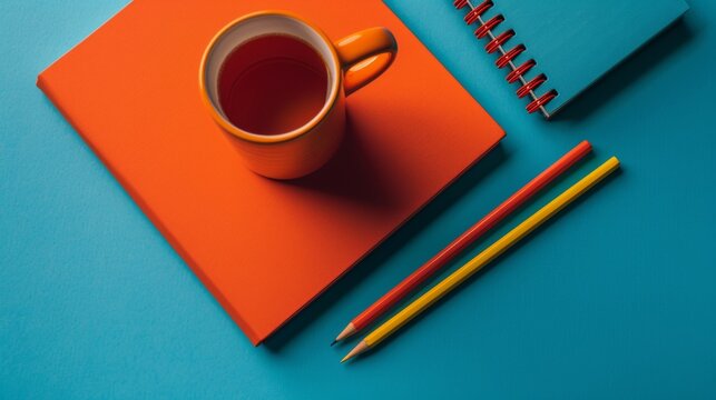diary with pencils and tea cup on blue desk background, productive study, writing or office work concept