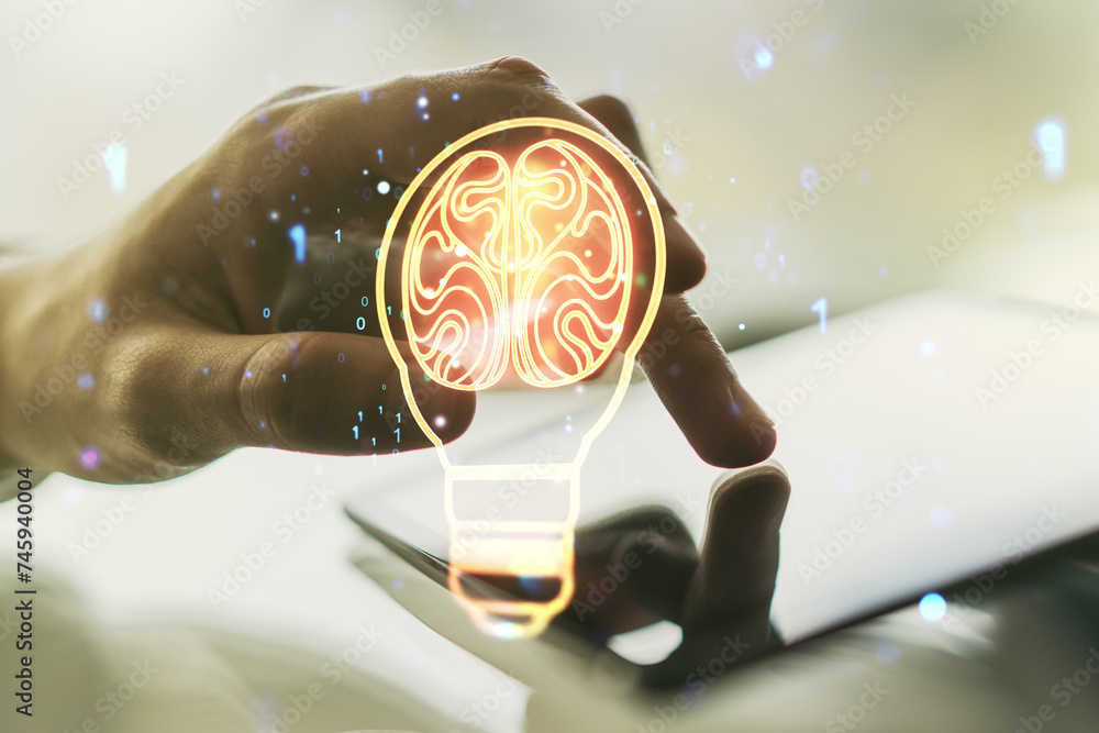 Poster double exposure of creative light bulb hologram with human brain and with finger clicks on a digital