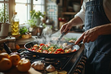 A chef is sautéing a colorful medley of vegetables in a pan over a gas stove with steam rising in a warm, rustic kitchen