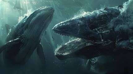 Fototapeta premium In a clash of titans the kraken and a cybernetic whale guided by AI battle fiercely shaking the ocean s core