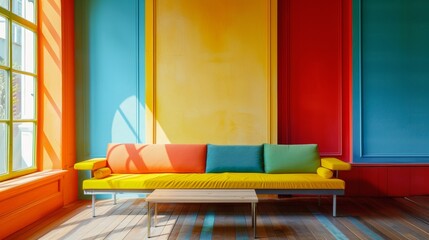Brightly colored room with a yellow sofa adorned with colorful cushions, set against a vibrant multicolored wall with large window