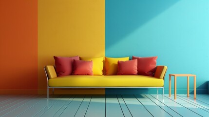 A vibrant interior scene with a yellow sofa against a tri-color wall in shades of orange, yellow, and blue. The sofa is adorned with red and yellow pillows, and there is a small orange side table