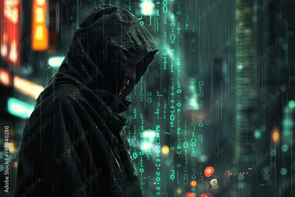 Poster in a world where data is gold a lone hacker stands against a backdrop of codes with eyes glowing sec