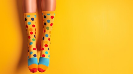 A pair of legs wearing colorful polka dot socks on a bright yellow background. The socks feature a mix of red, blue, green, and black dots, adding a playful touch to the scene