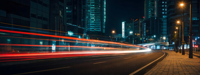 Fototapeta na wymiar City road at night, blurred vehicle lights creating a sense of motion and speed. 