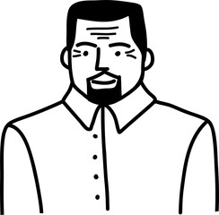 Character smiling man different age and ethnicity.  Aged, diverse. Vector outline illustration, linear, thin line, hand drawn sketch, doodle 