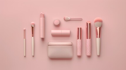 Pink Color Set of Beauty Products including makeup brushes, lipstick, eyeliner, highlighter,
 and small pouch