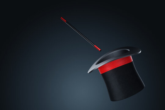 Black magician cylinder hat with wand on dark background. Concept illusionist, magic tricks, magic, advertising template, banner. 3D rendering, 3d illustration, Copy space.
