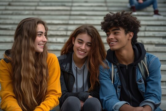 Group of young friends sitting on steps, sharing a moment of joy and laughter