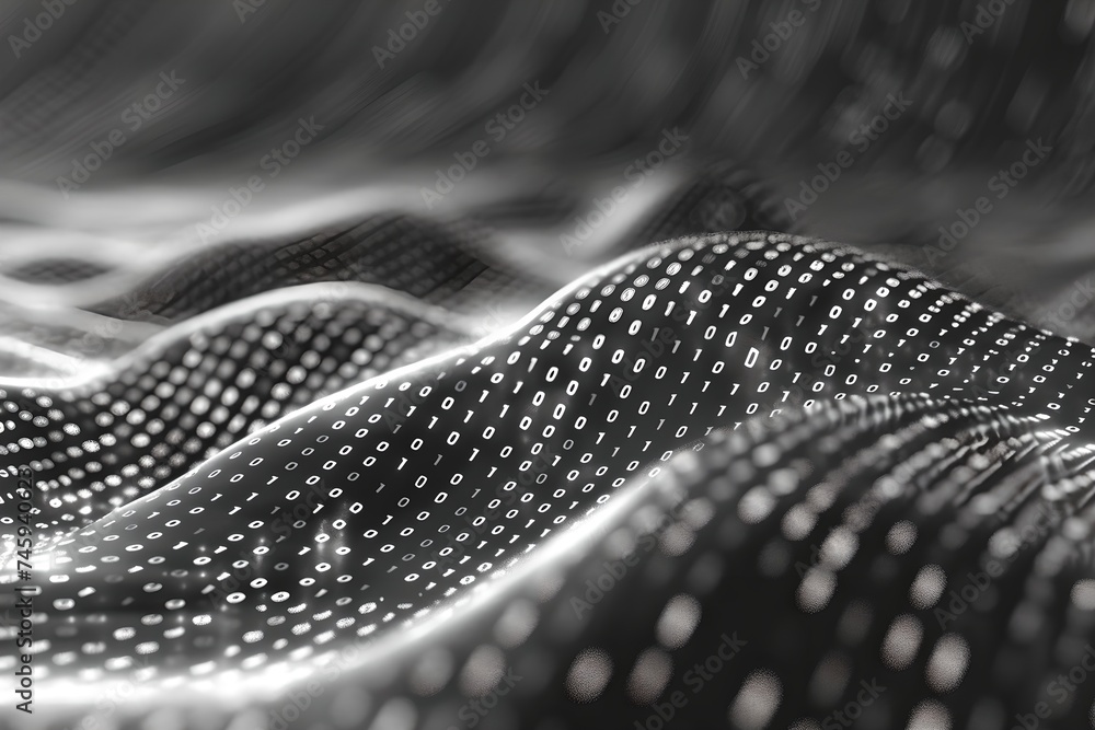 Poster abstract black and white wave pattern with particles. global connection concept. big data, network v