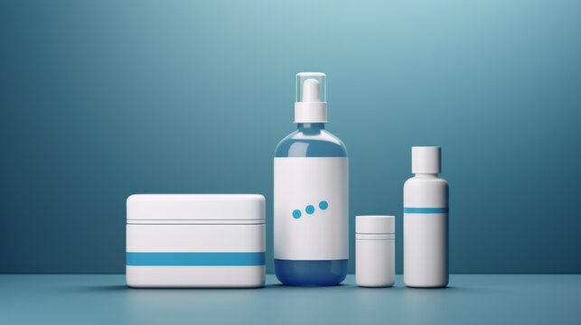 Cosmetic bottles set on blue background. Elegant skincare packaging, blank label for branding mock-up, beauty and hygiene concept