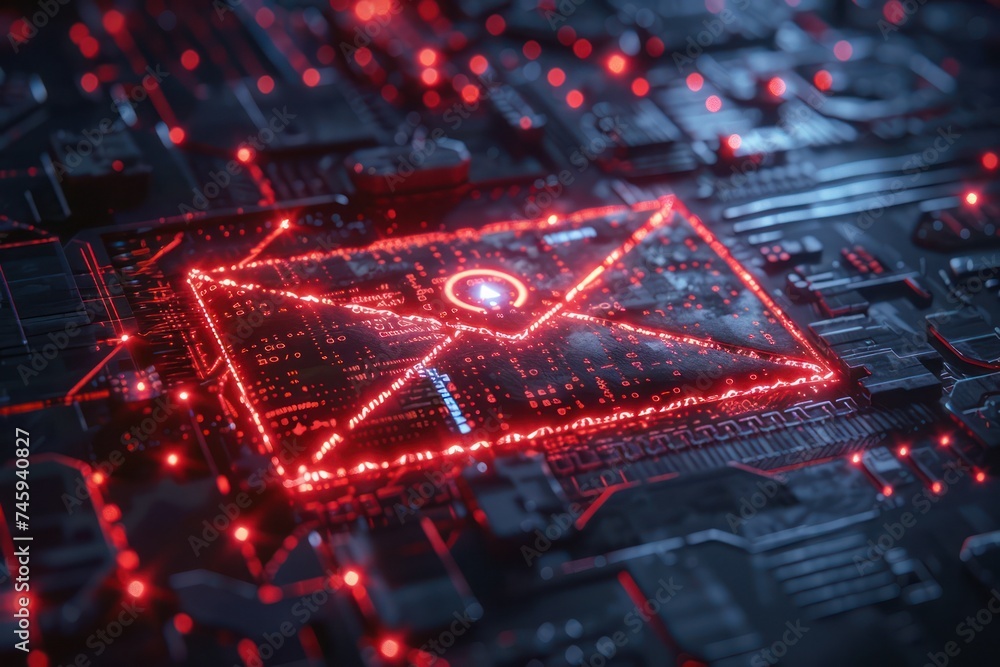 Poster medium shot of an encrypted email being decrypted by cybersecurity software after detecting a phishi
