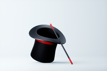 Black magician cylinder hat with wand on white background. Concept illusionist, magic tricks, magic, advertising template, banner. 3D rendering, 3d illustration, Copy space.