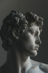 Close-up of a classical marble sculpture depicting a male figure with detailed curly hair and a contemplative expression, set against a soft gray background