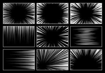 Set of Comic Speed Lines, Abstract Flash Explosion With White Radial and Straight Lines On Black Vector Background