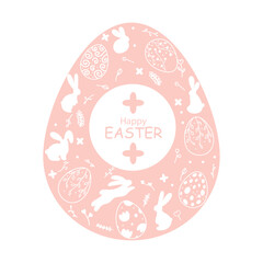 Pink Easter egg isolated on white background with silhouette decoration of Easter bunnies, eggs and flowers. Happy Easter. Unique template for spring designs.