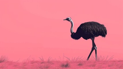 Illustration of a black ostrich on a pink background with subtle grass details - obrazy, fototapety, plakaty