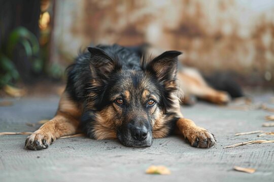 Comfortable dog rests on the concrete floor, a picture of tranquility