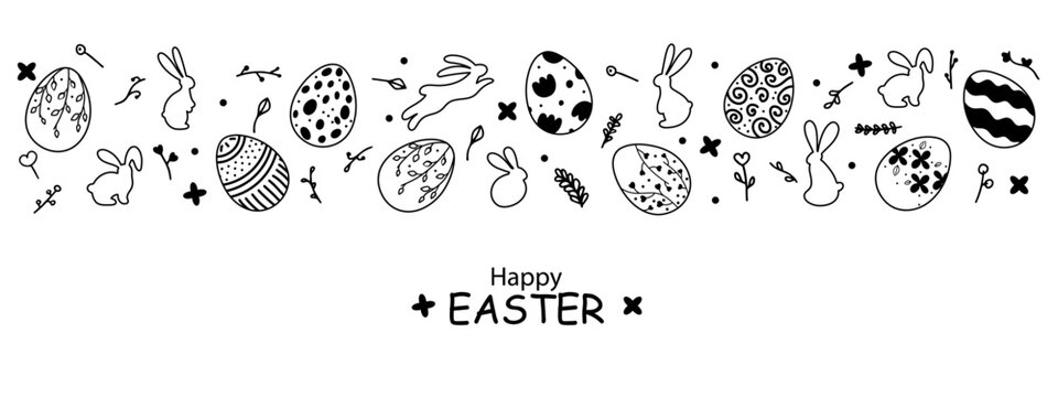 Easter banner in doodle style. Black and white banner for web design with hand-painted Easter eggs, a silhouette of bunny and floral arrangement. There is free space for your text.