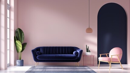 Modern living room interior with a blue velvet sofa, pink walls, and stylish decor. Natural light from large windows enhances the cozy ambiance