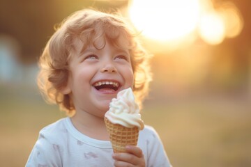 A joyful child with curly hair, laughing and holding an ice cream cone, with a sunlit backdrop