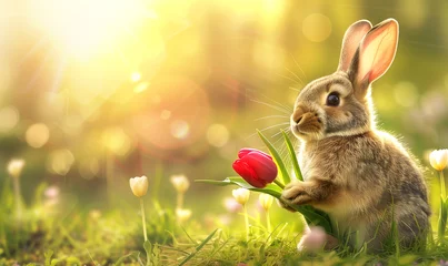 Fotobehang easter bunny with a red tulip in the spring meadow © Jenny Sturm