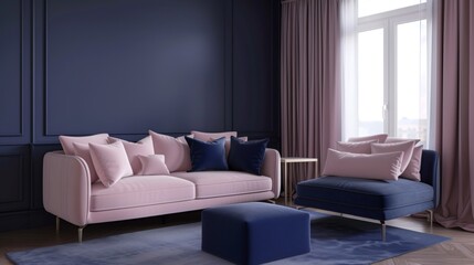 Elegant minimal living room with sofas and table, pink and navy blue colors