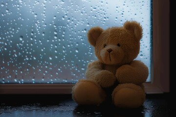 Rainy day, teddy bear lovers share an embrace, gazing outdoors