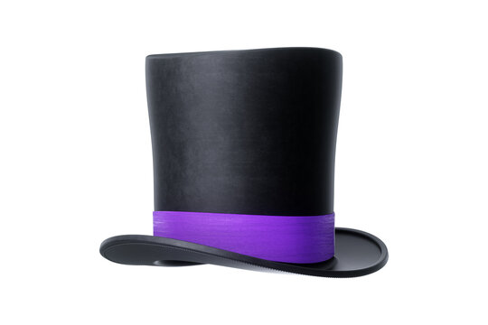 Black cylinder hat with purple stripe isolated on white background. 3D rendering, 3d illustration,