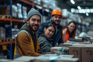 A smiling group of warehouse workers in safety gear and casual clothing