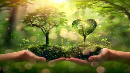 globe ball and growing tree in human hand, flying yellow butterfly on green sunny background....