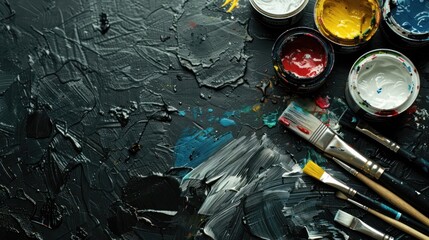 Concept of color paint cans with brush on black background with empty space. AI generated image